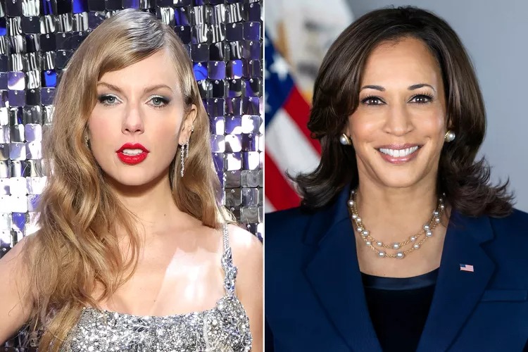 Ca sĩ Taylor Swift (trái) và cô Kamala Harris. Ảnh: WireImage/Ảnh chính thức của Nhà Trắng