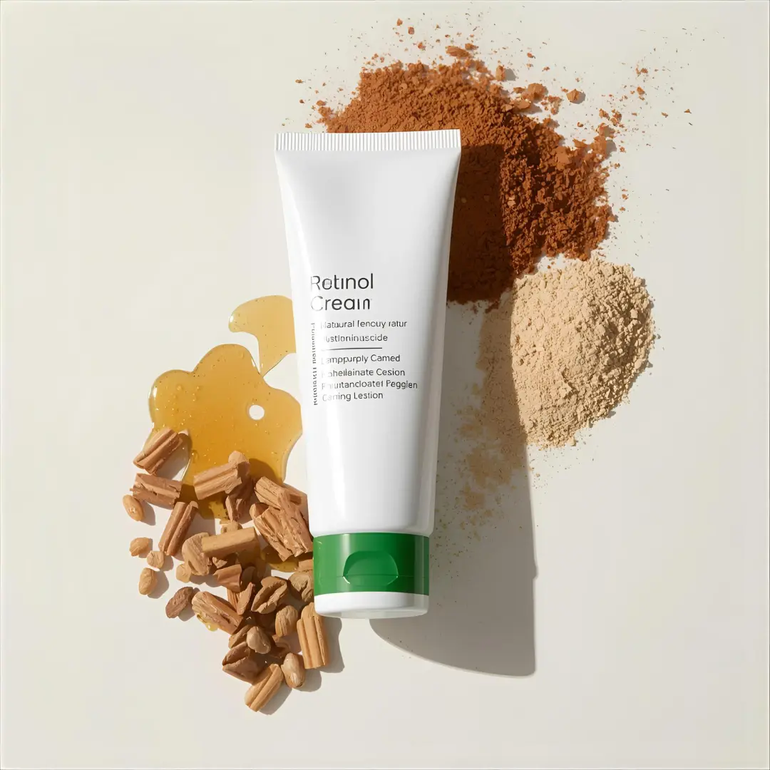 Một tuýp kem chứa Retinol được đặt cạnh các thành phần thiên nhiên