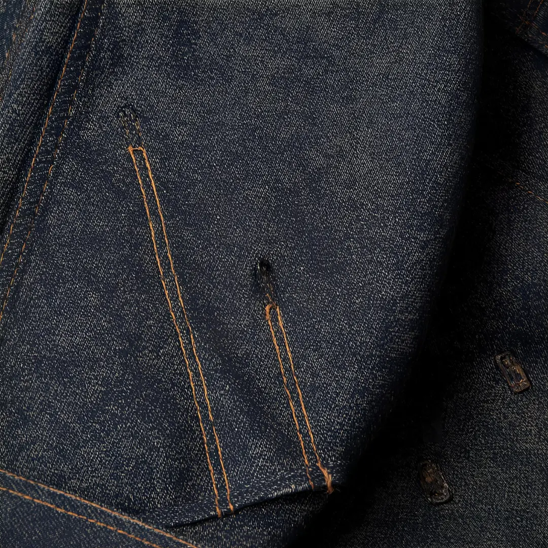 Cận cảnh chất liệu vải canvas và denim bền bỉ của một chiếc áo khoác utility wear