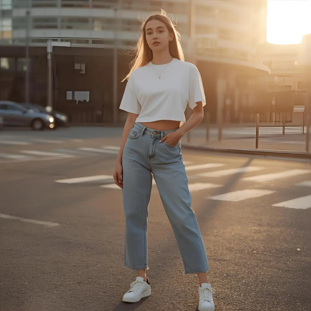 Một set đồ dạo phố đơn giản mà đẹp với áo thun, quần jeans và sneaker