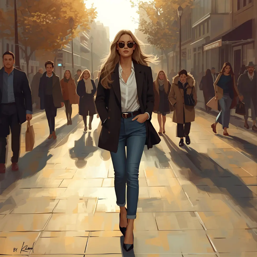 Một cô gái với outfit phối đồ mùa thu thanh lịch cùng blazer và quần jeans
