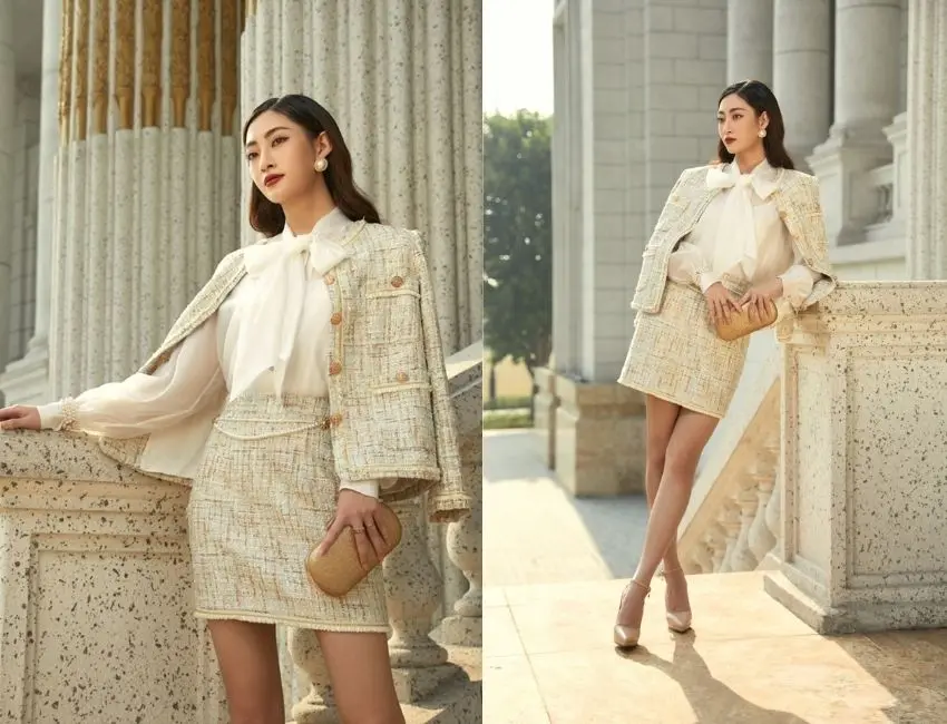 Hai công thức phối đồ: một bộ power suit và một set đầm lụa kết hợp áo khoác tweed