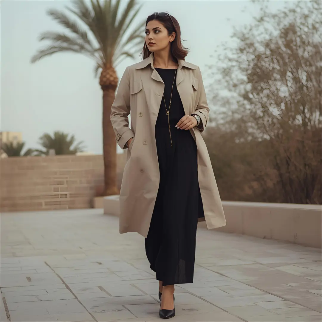 Một quý cô thanh lịch trong trang phục cổ điển với áo khoác trench coat
