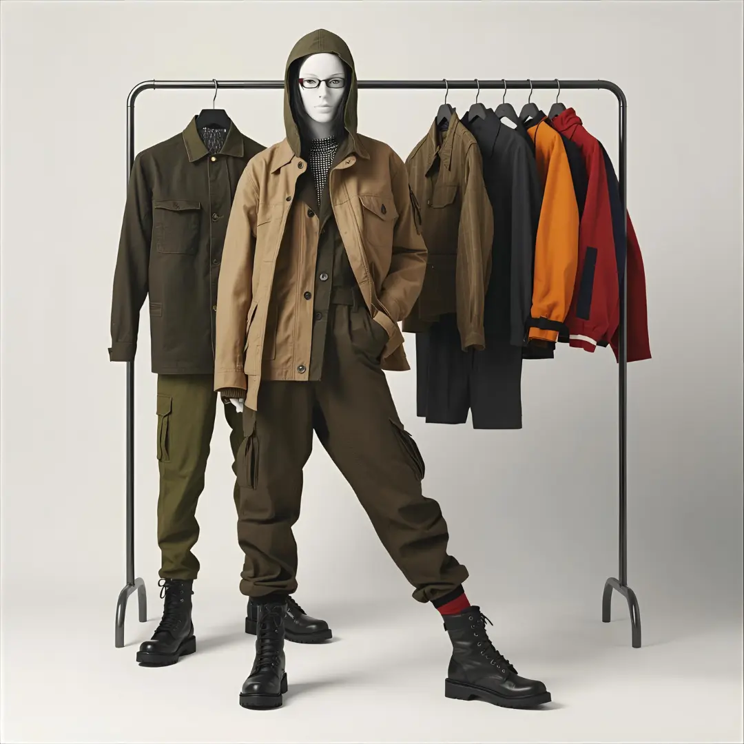 Các item không thể thiếu trong tủ đồ utility wear như quần cargo, áo khoác và combat boots