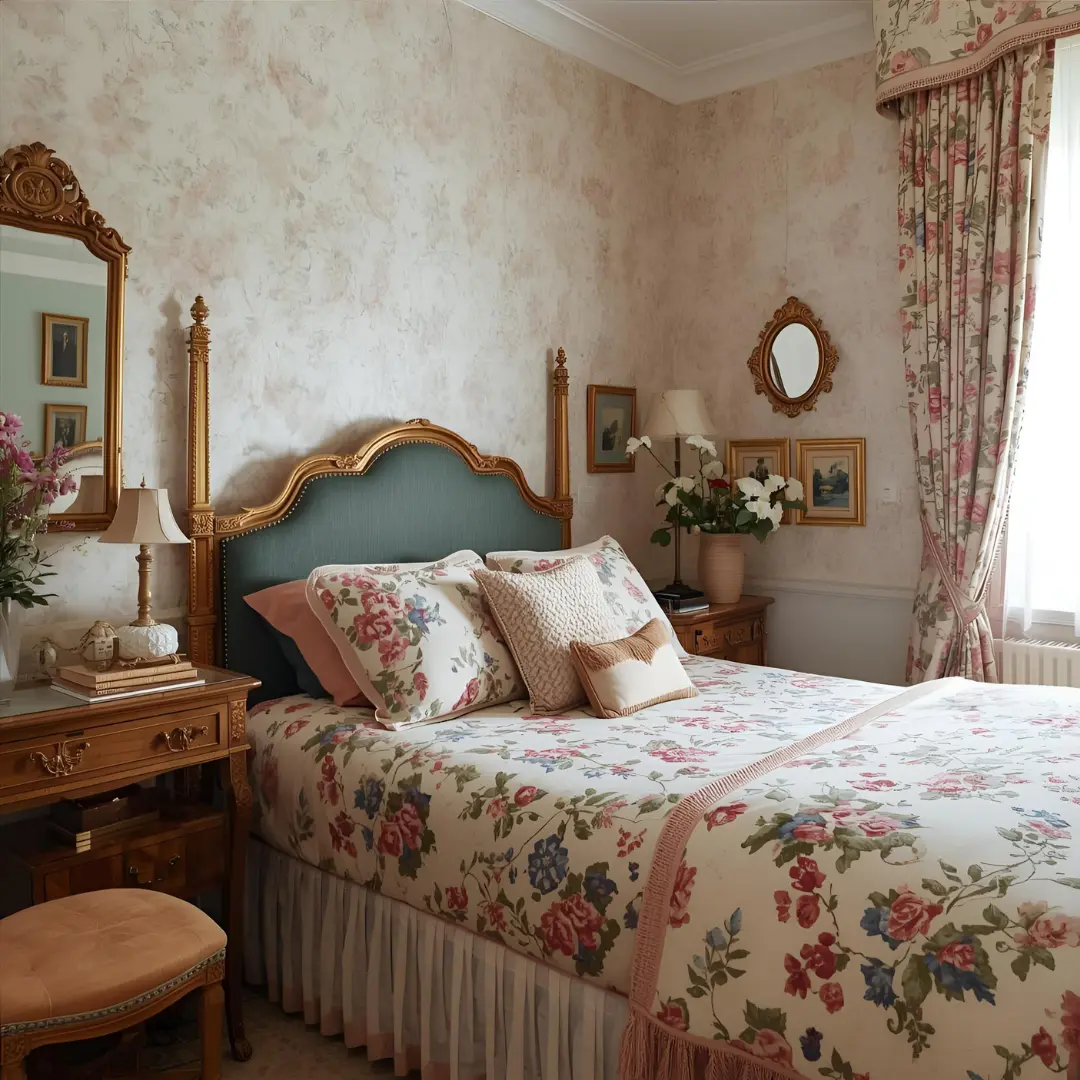 Một góc phòng ngủ được trang trí theo phong cách Coquette với ga giường hoa nhí và đồ decor cổ điển