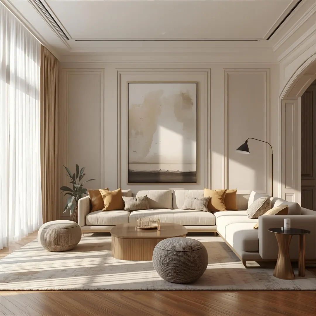 Không gian phòng khách được thiết kế theo phong cách Quiet Luxury tối giản và sang trọng