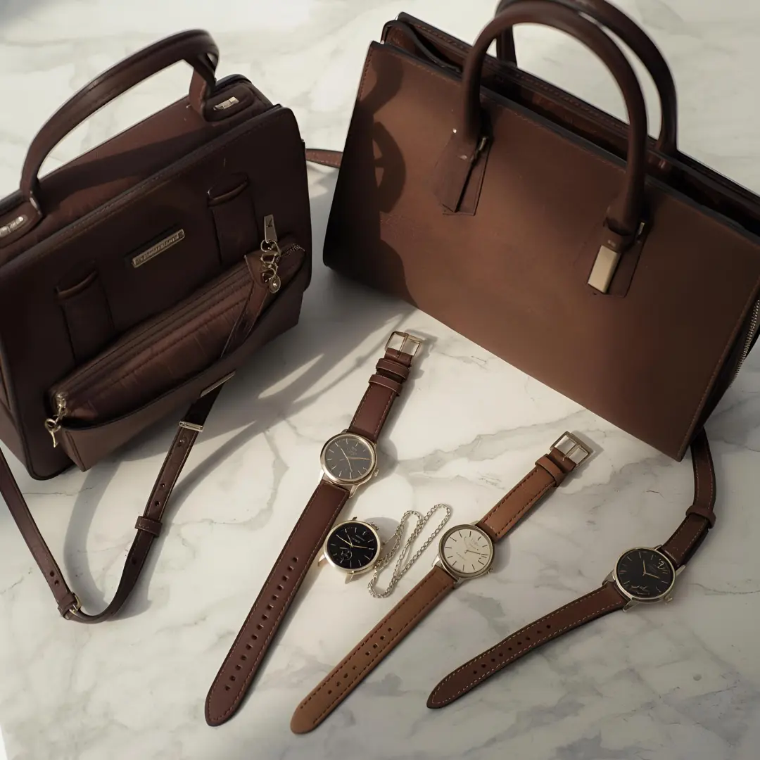 Phụ kiện Quiet Luxury bao gồm đồng hồ tối giản và túi xách da không logo