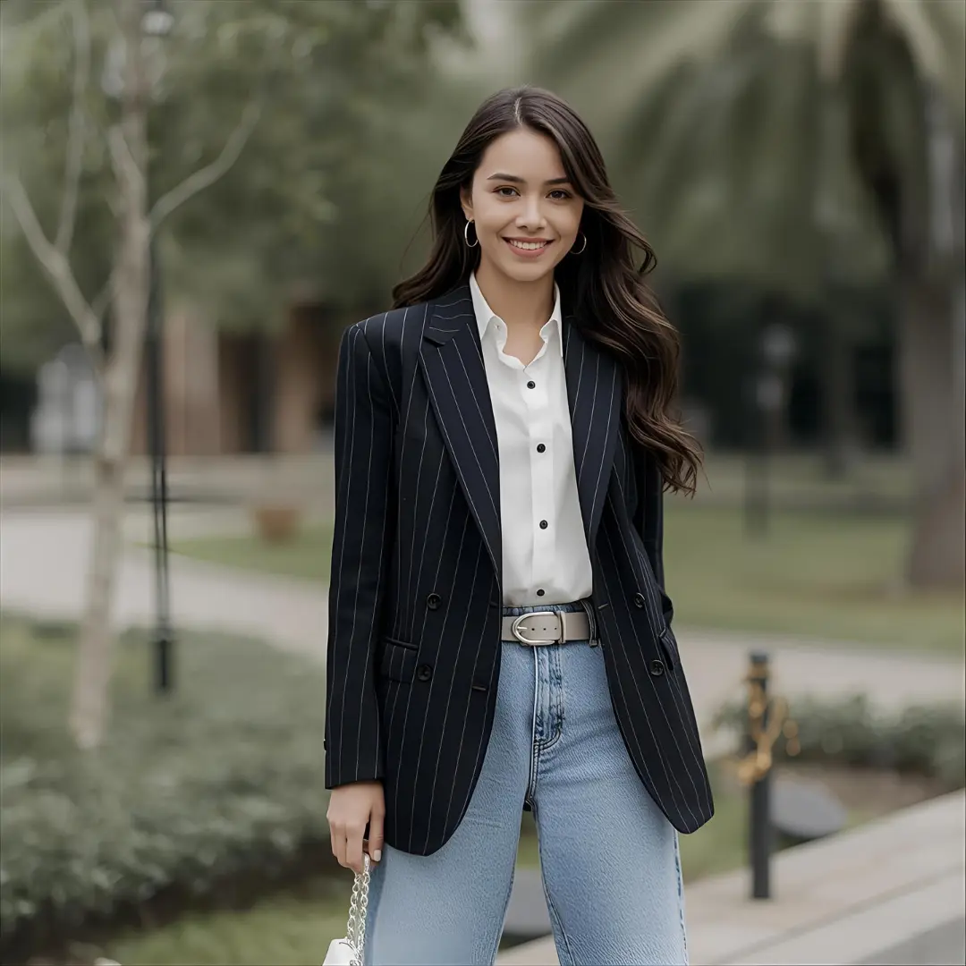 Một cô gái phối đồ theo phong cách Preppy hiện đại với áo blazer và quần jeans