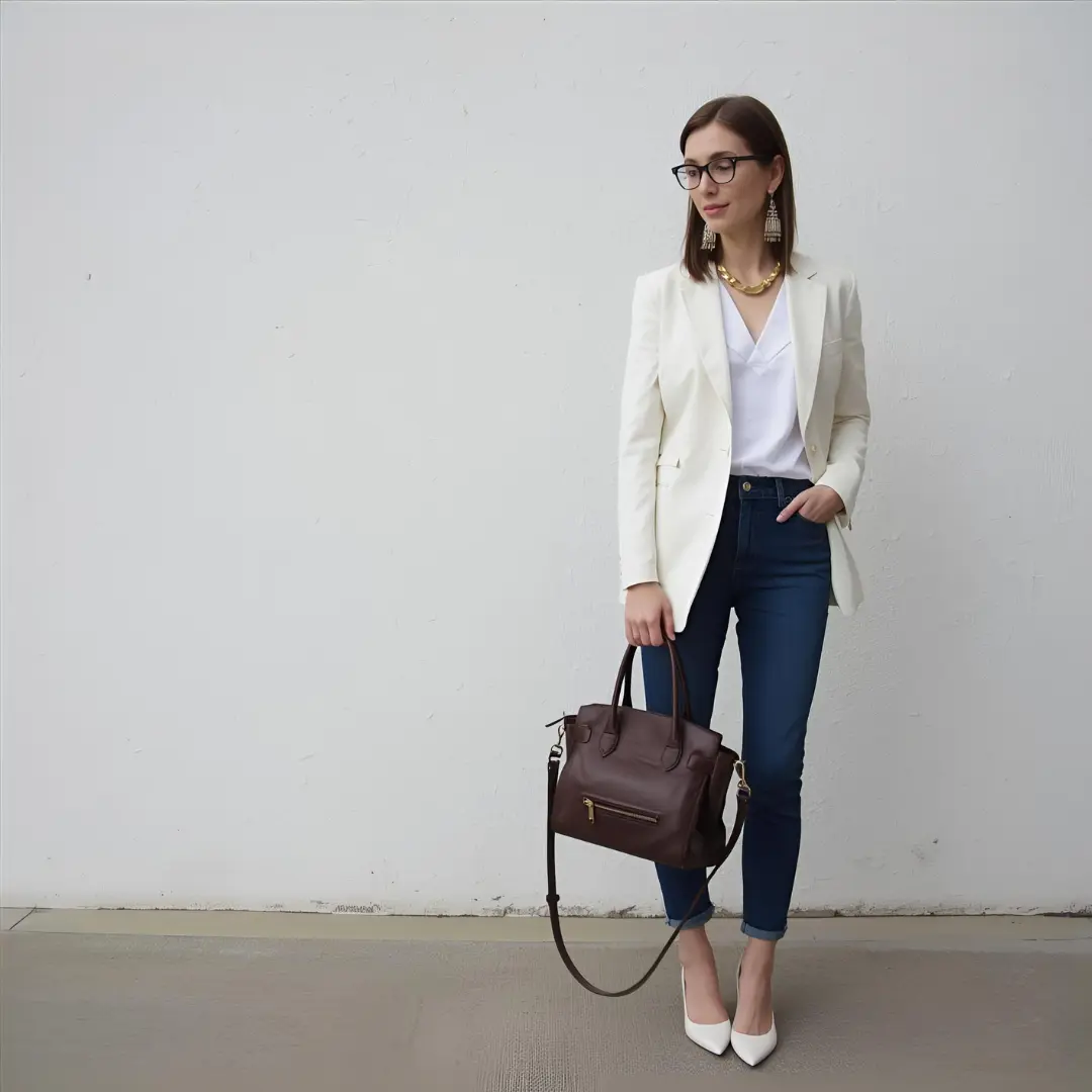 Một set đồ đơn giản được nâng tầm bởi các phụ kiện như túi xách, kính mắt và trang sức