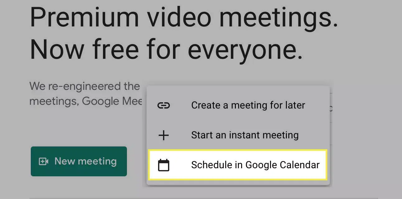 Các tùy chọn tạo cuộc họp trên GG Meet