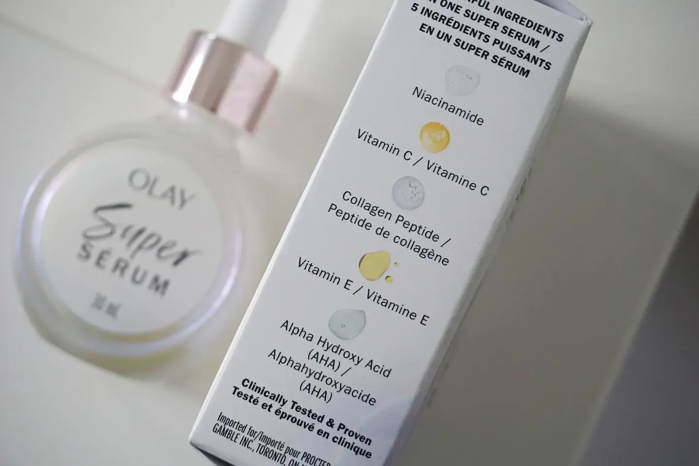 Các thành phần chính có trong Olay Super Serum như Niacinamide, Vitamin C, Peptide