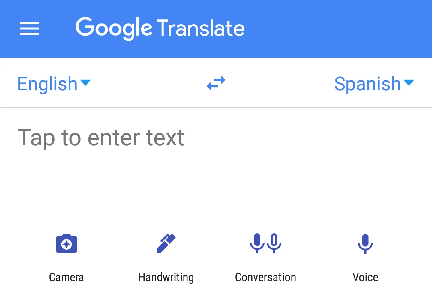 Giao diện chính của Google Dịch trên điện thoại