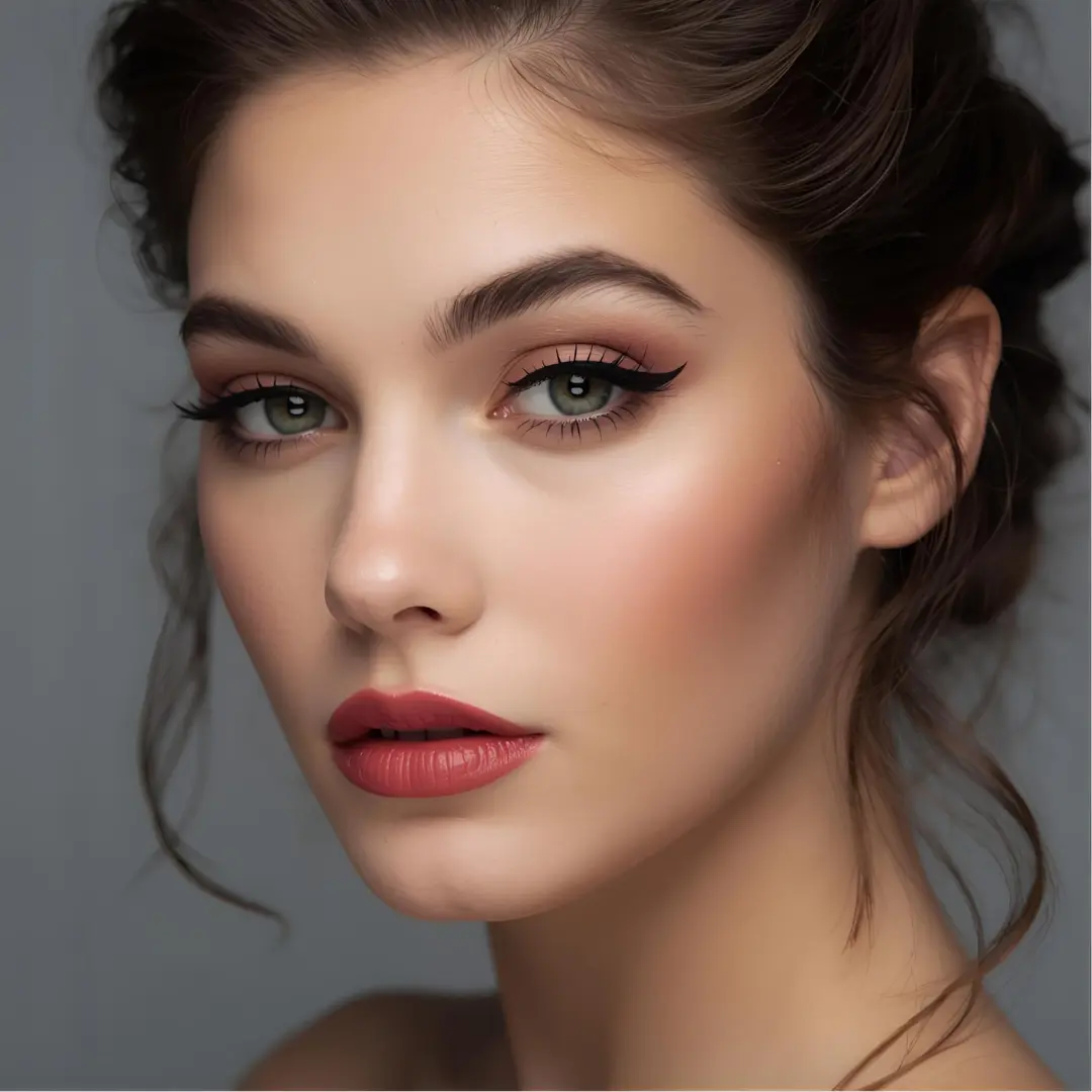 Lối trang điểm Coquette với đôi má ửng hồng, đôi môi căng mọng và mắt kẻ mảnh