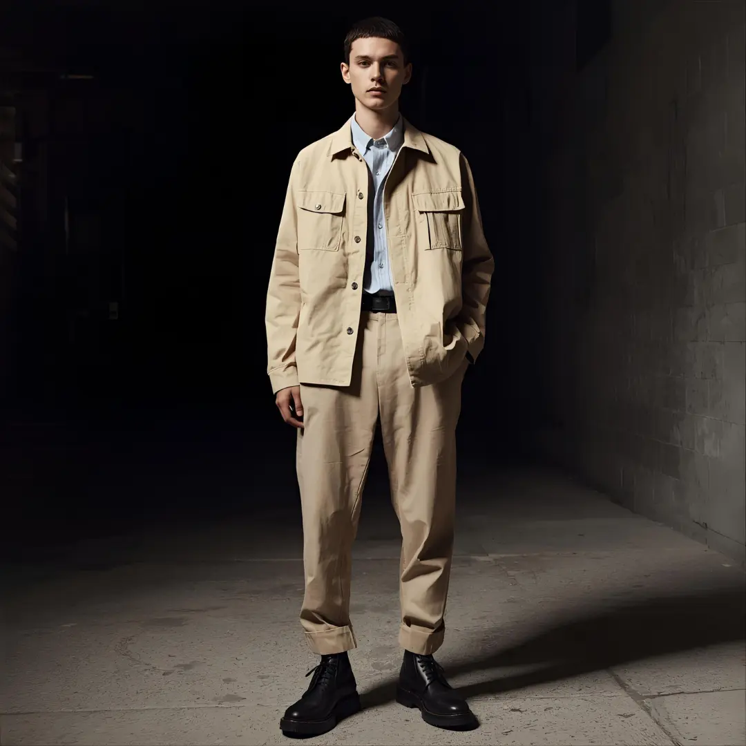 Một người mẫu nam mặc set đồ utility wear màu be theo phong cách đường phố