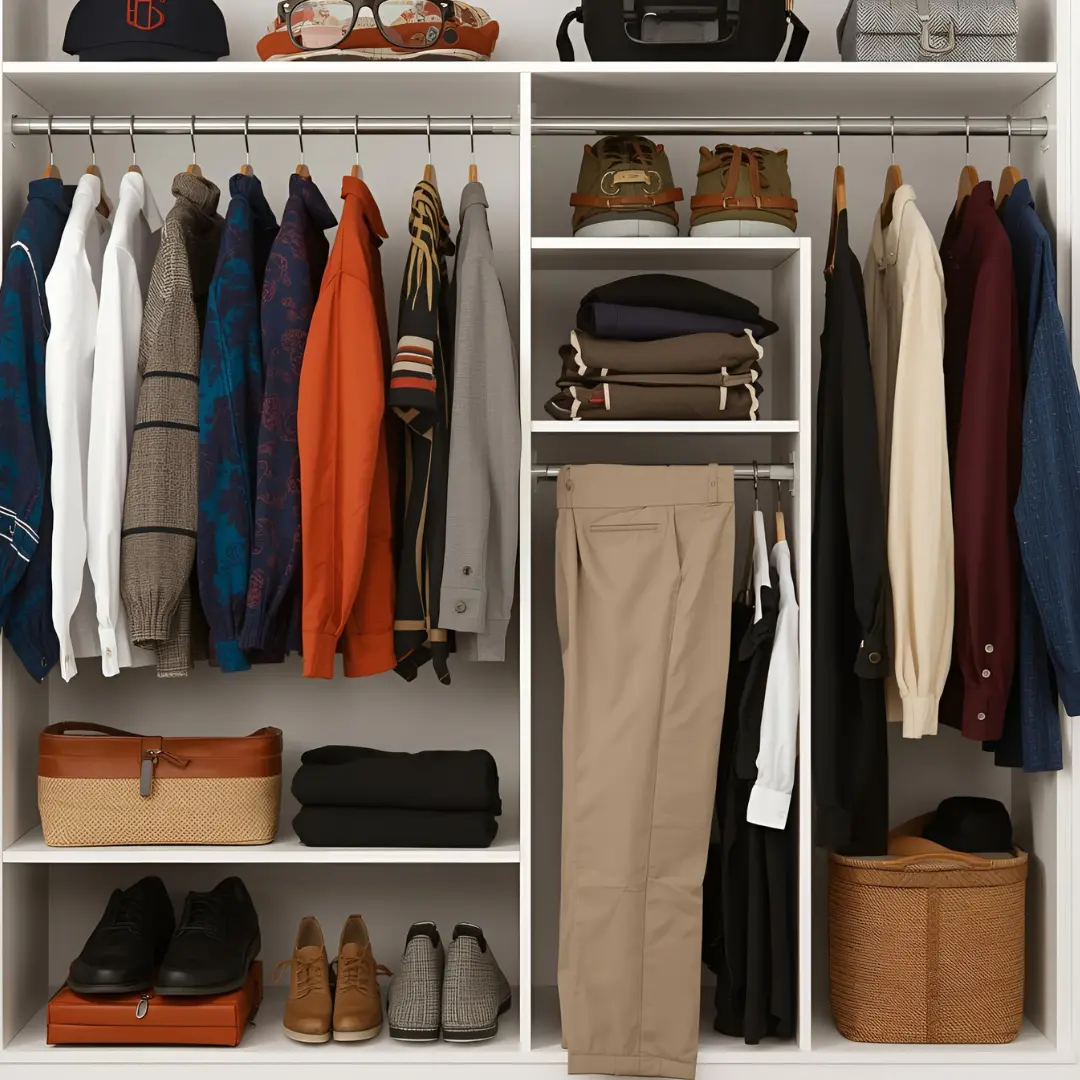 Một tủ đồ được sắp xếp ngăn nắp với các item Preppy như áo polo, quần chinos, áo len