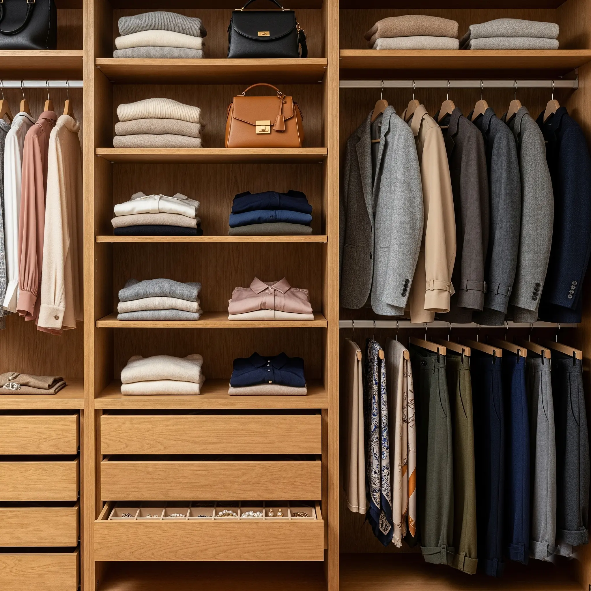 Một tủ quần áo mở được sắp xếp gọn gàng với các món đồ thời trang Quiet Luxury